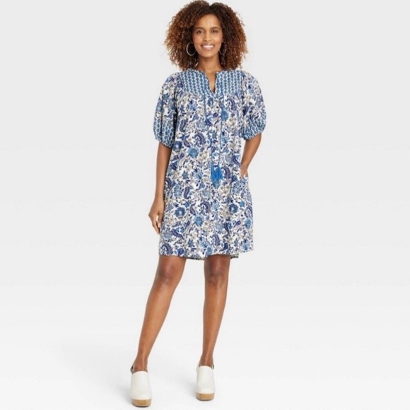 Knox Rose Dresses & Skirts - Knox Rose Puff Sleeve A-Line V-Neck Floral Boho Dress Women’s M Blue Cottagecore